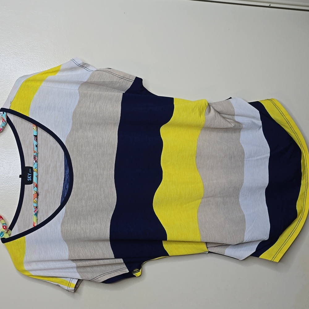Sky Plus Horizontal Stripe Blue Tan Yellow Side Rouched Stretchy